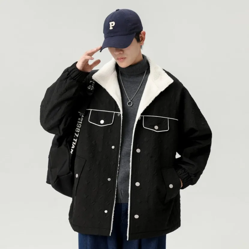 

Lamb Velvet Jaet Men's Winter Thiened Cotton Coat Casual Loose Cotton Clothes Youth Faion Cleanfit Sle Button Closure