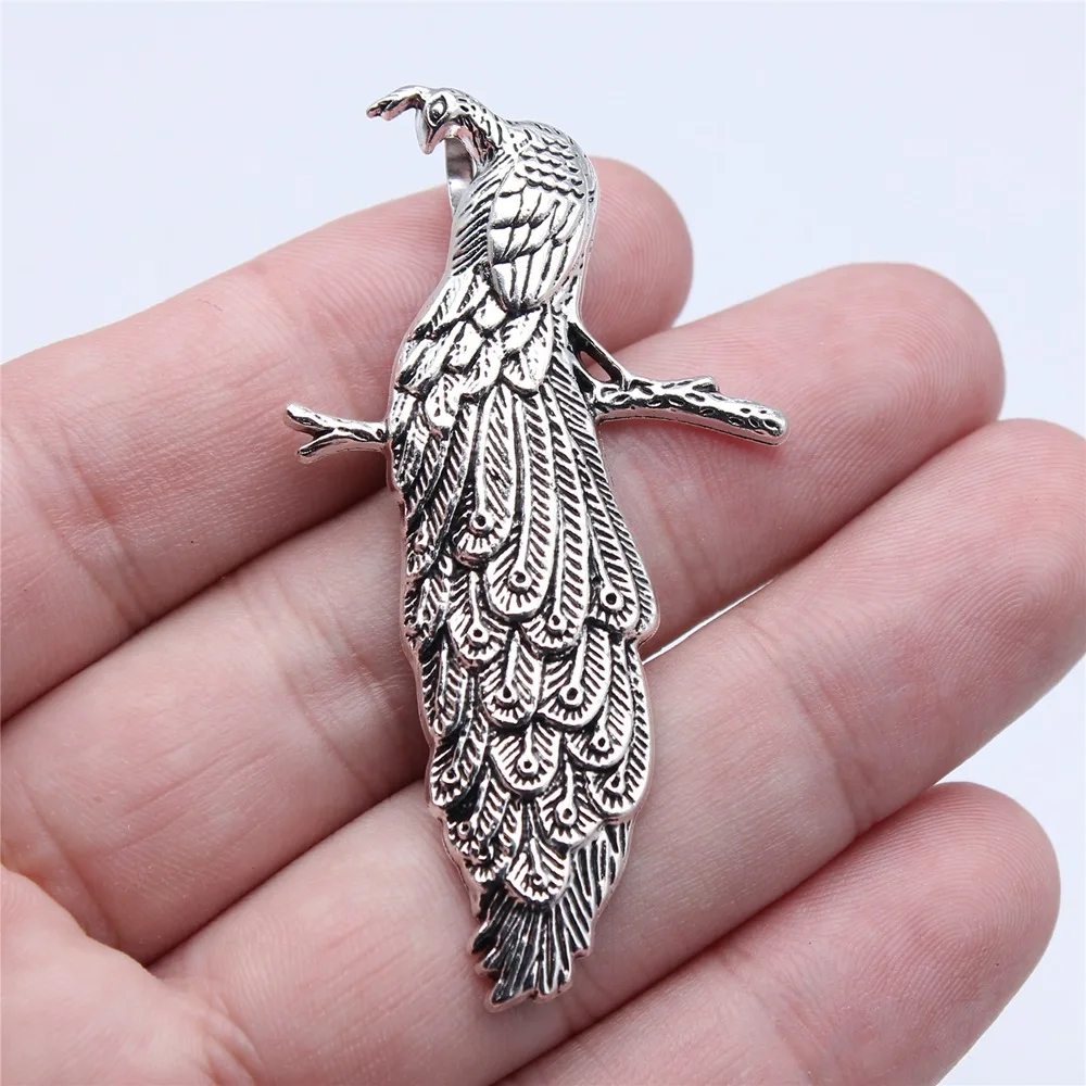 WYSIWYG 5pcs 32x60mm Antique Silver Color Peacock Charms Pendant For DIY Jewelry Making Handmade Jewelry Craft Findings