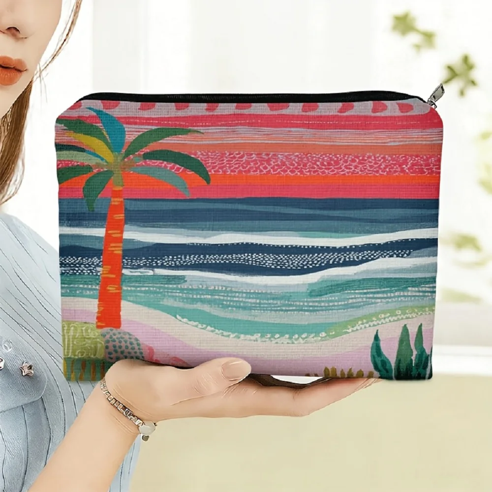 1 Piece of Sunset Seaside Palm Tree Print Makeup Bag - Multifunctional Zipper Pouch for Women, Perfect Travel Zipper Storage Bag, Fun Birthday Gift