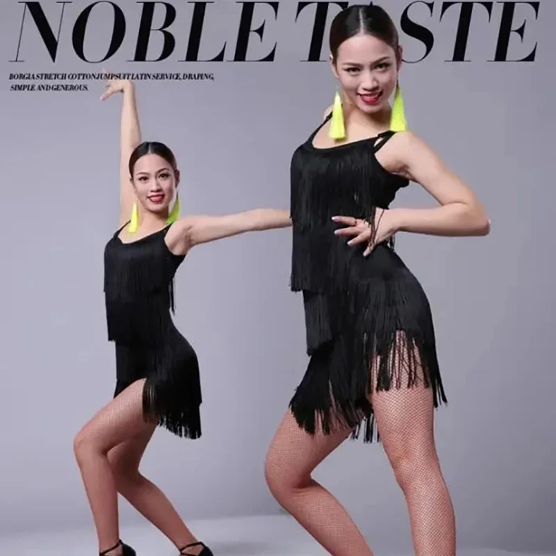 Robe de danse latine pour femmes, robe à franges Sexy, Costume professionnel de spectacle sur scène cha-cha, Costumes d'entraînement pour enfants et adultes