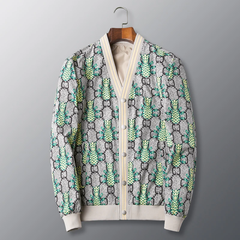 

2025 New Spring Autumn Men's Fashion Trends Stand-up Collar Print Pineapple Coat Casual Loose Comfortable and Breathable Jacket