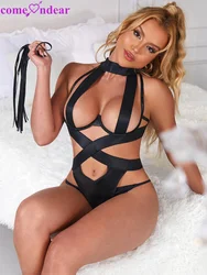 Comeon dear Frauen sexy Overall Nachtwäsche Teddy Trikot übergroße Kurve Bodys schwarz Neck holder Pyjama Bügel Stram pler Dessous