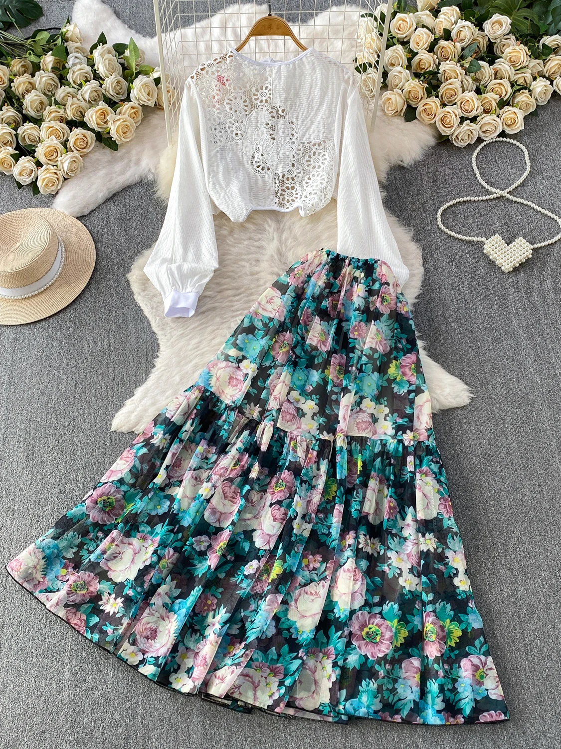 

Vacation Retro Sexy Two-Way Hollow out Lace round Neck Slimming Romantic Print Long Dress Two-Piece Set Casual Spring Summer