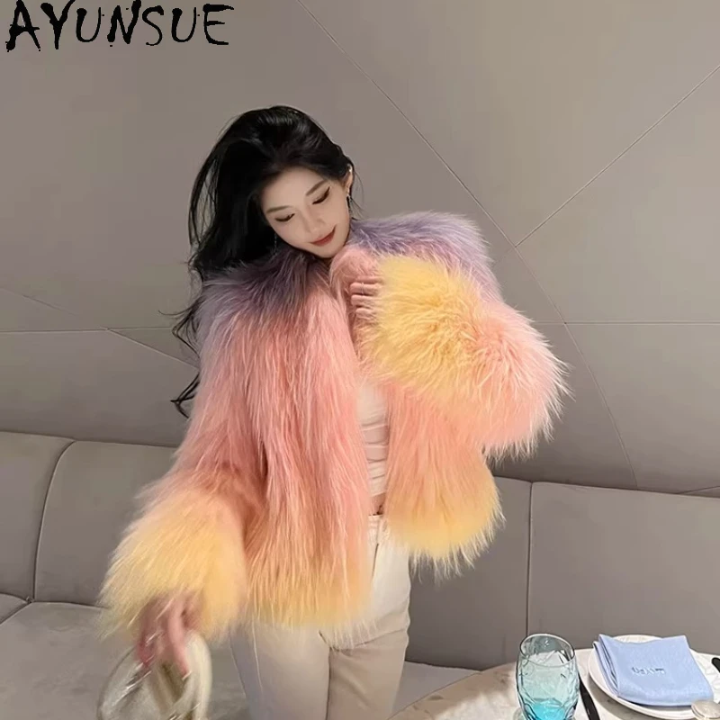 AYUNSUE Płaszcz z futra szopa pracza Damski Kolorowe Okrycie Wierzchnie Długi Rękaw Ciepłe Płaszcze Futrzane Luksusowa Odzież Damska Zimowy Manteau Femme