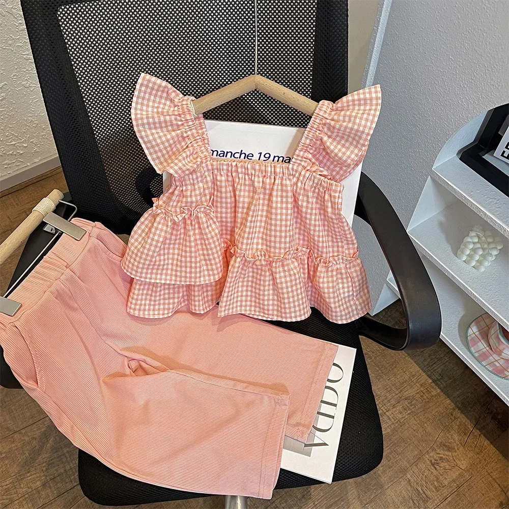 Baby Girl's Casual Clothing Set 2023 New Summer Fly Sleeve Checked Slip Top+Solid Pants Two Piece Set