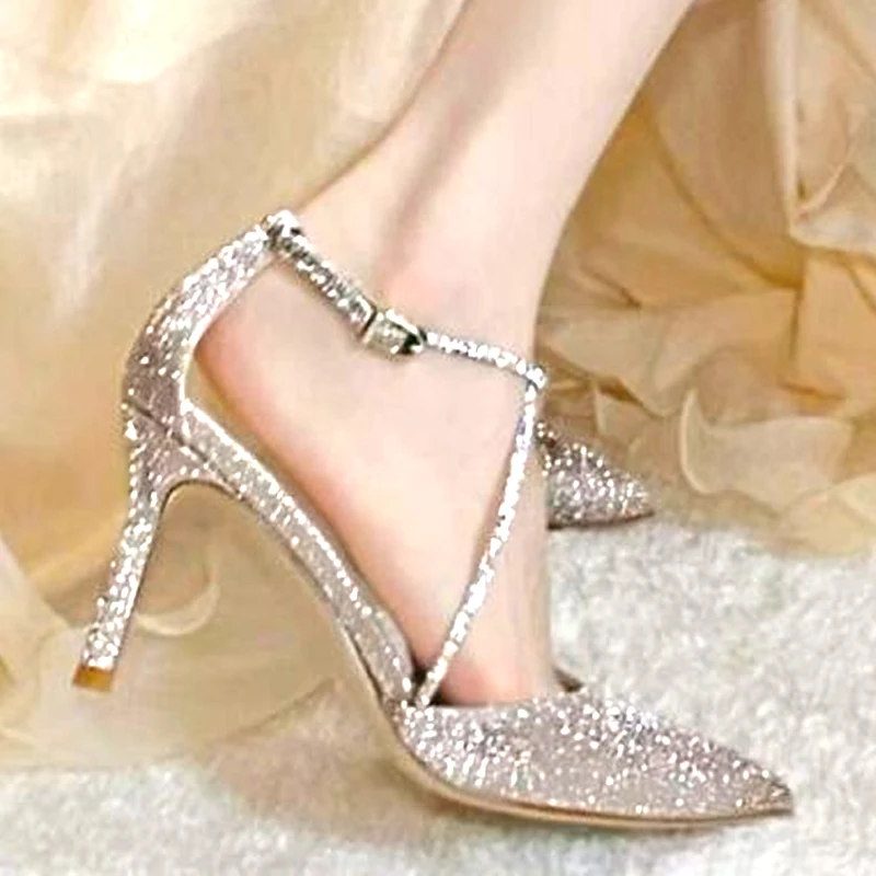 

2022 Women High Heels Fetish Pumps Lady Glitter Metal Carving Wedding Bridal Heels Bling Luxury Design Party Scarpins Shoes