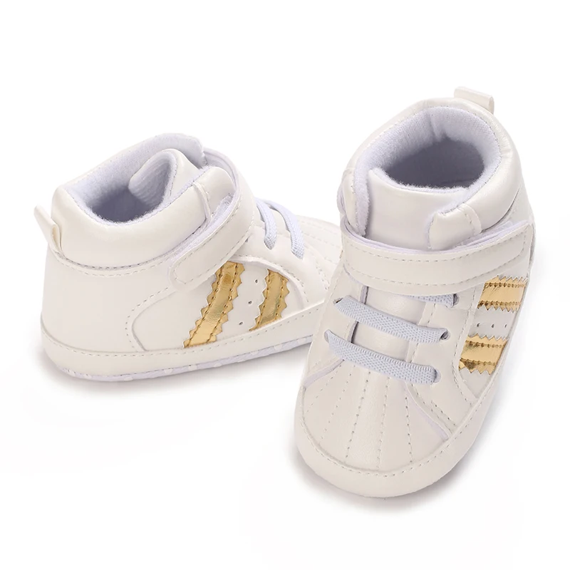 Erste Sportschuhe mit Streifenmuster aus PU-Material für Jungen und Mädchen, geeignet für Babys im Alter von 0 bis 18 Monaten, mit weicher Sohle, bequem und leicht. – Detail 11