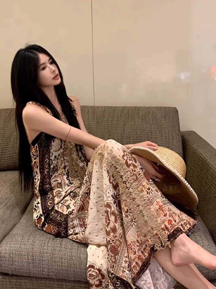 RORIRI خمر طباعة غرزة الخامس الرقبة تانك فستان طويل المرأة الصيف بلا أكمام فضفاضة عادية ألف خط قطعة واحدة بوهو عطلة الملابس