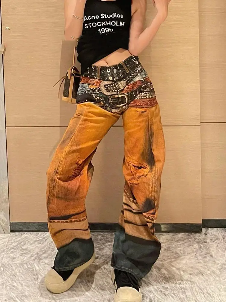 

High Street Retro Printed Wide-Leg Trousers For Women In Spring And Summer New Niche Design Loose High-Waisted Pants