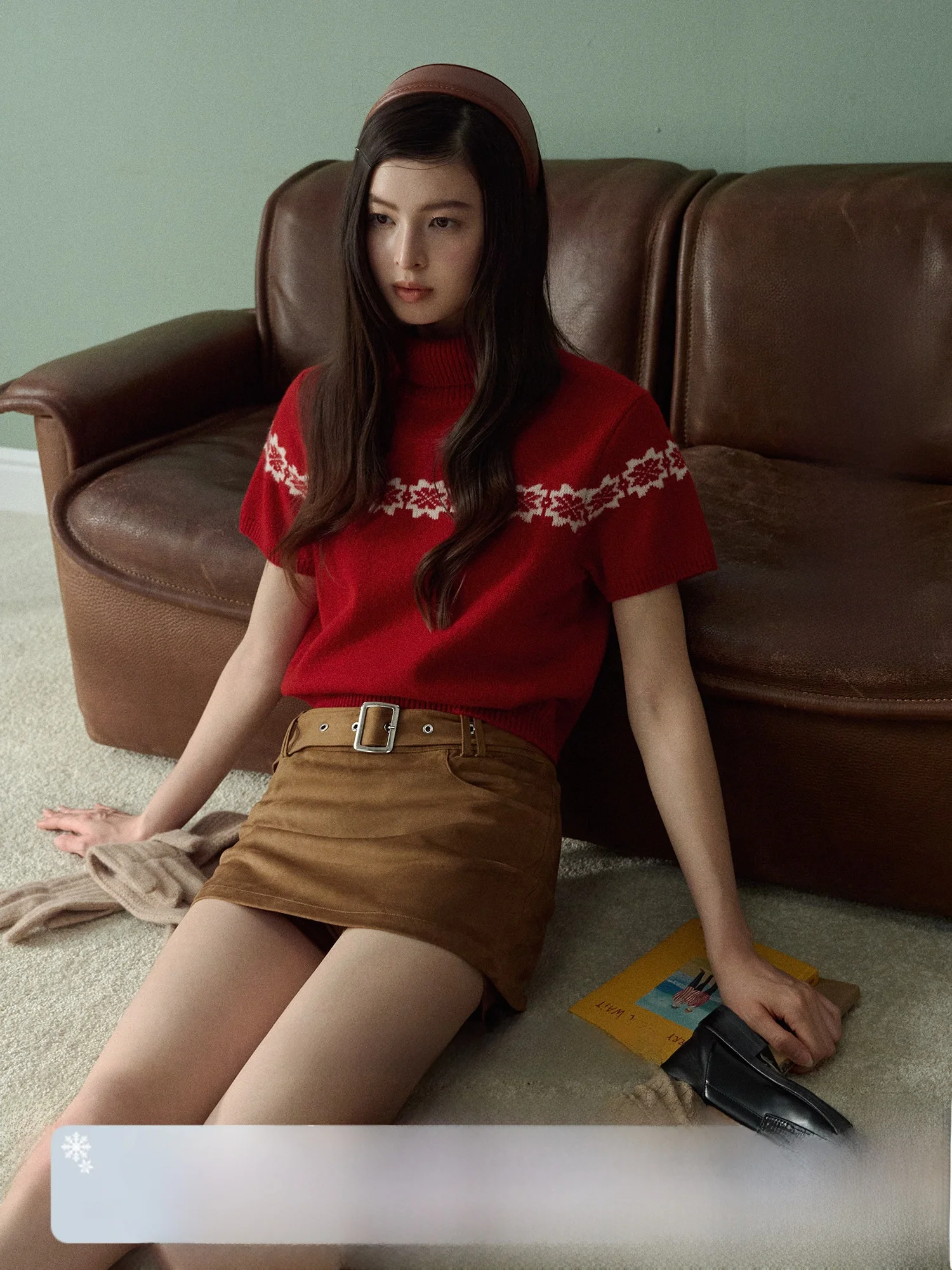 

LaluneDuCiel Red Fair Isle Wool Knitwear ort Sve Embroidery Women's Vintage New Year's Sweater Straight Cut Commute Sle