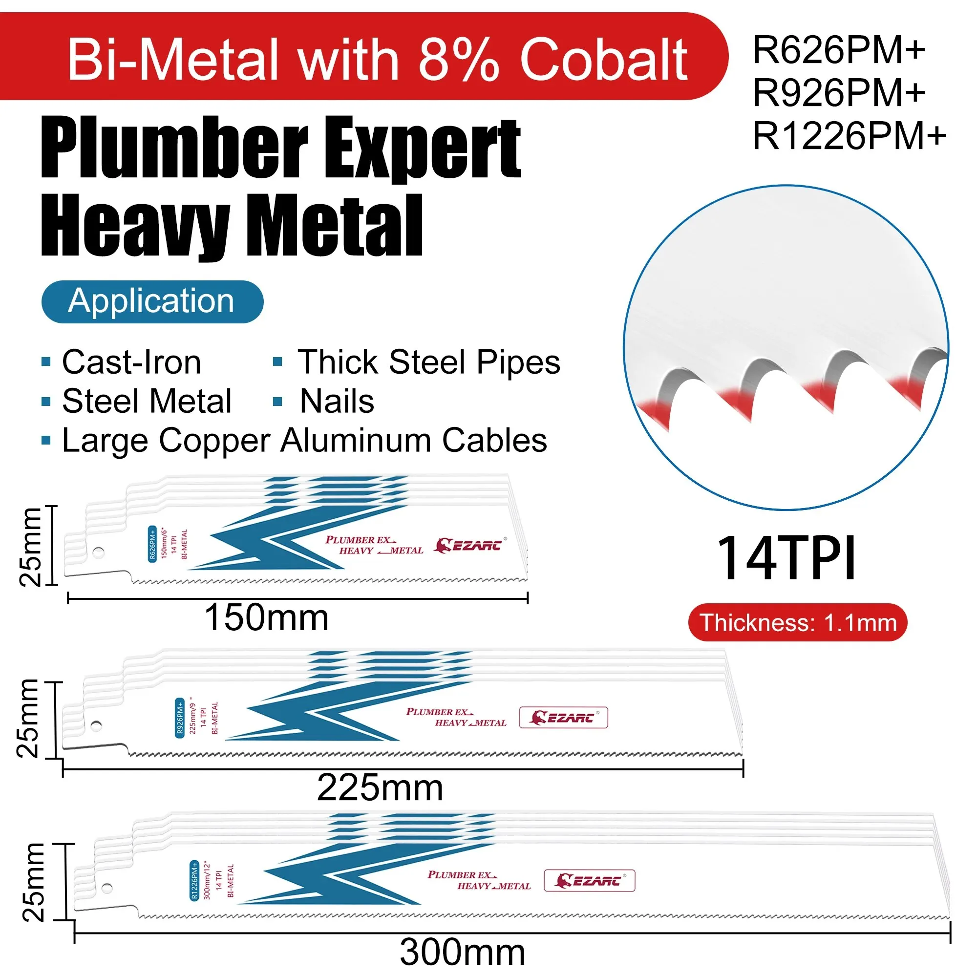 EZARC-Lâmina de serra alternativa, Bi-Metal, Sabre de cobalto, Lâminas para corte de metais pesados, R626PM, R926PM, R1226PM, 5 peças