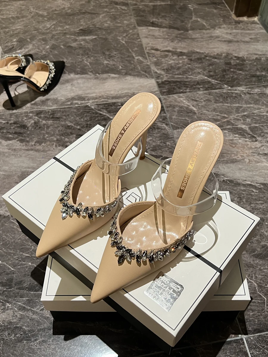 French rhinestone high-heeled shoes for women, pointed slender heels new style of sexy toe cap women's sandals with a back space