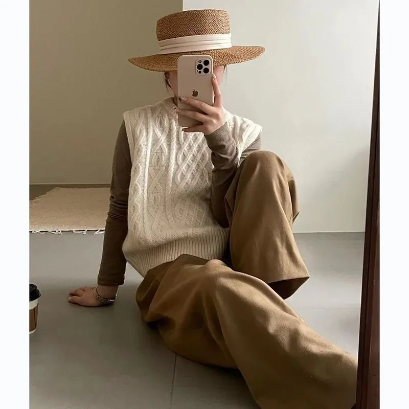 Nowa kamizelka sweterkowa damska wiosna jesień O-neck koreański styl luźna solidna, dopasowana dzianinowa nić gruba Vintage Casual Fashion Chic