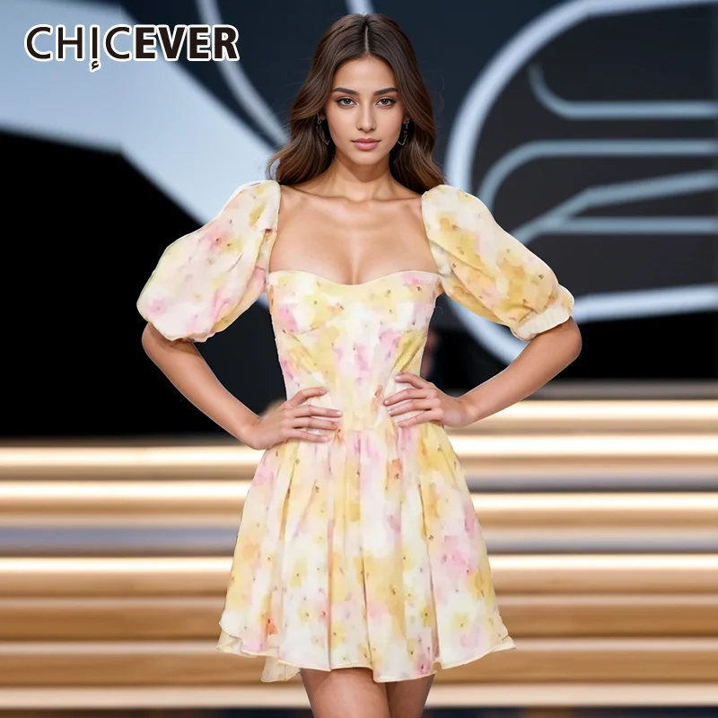 

CHICEVER Hit Color Floral Printing Mini Dresses For Women Square Collar Puff Sleeve High Waist Spliced Zipper Dress Female New