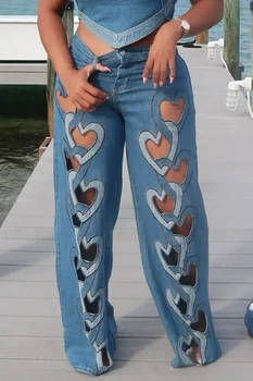 2025 feminino plus size jean diário azul coração cortado jeans de perna larga
