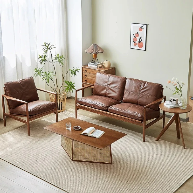 LH1 retro solid wood leather sofa home living room modern simple small apartment