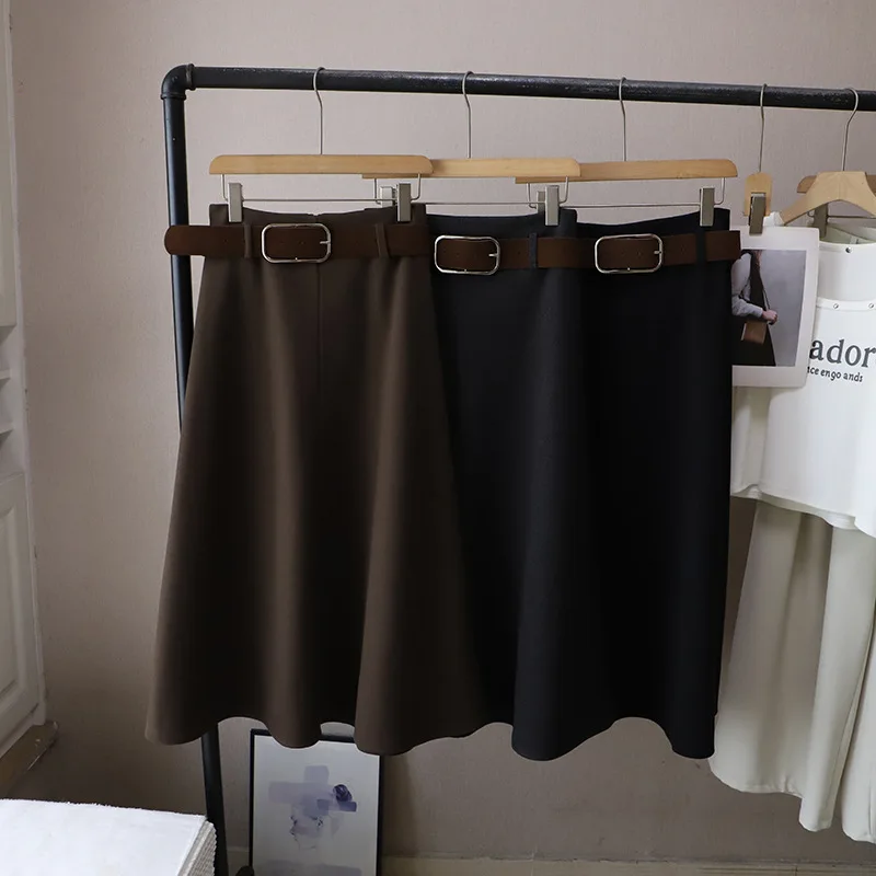 Autumn Winter Tweed Skirt For Women Korean Casual Fashion High Waist With Belt Solid Color Elegant A-line Thicken Skirts