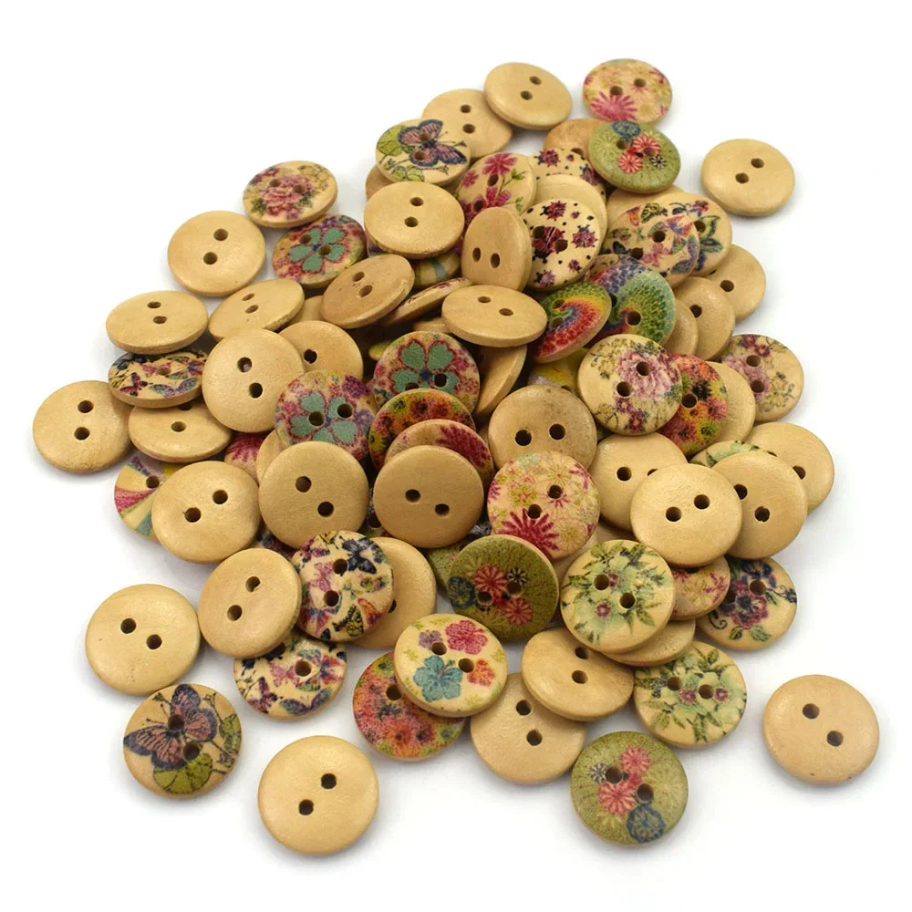 50PCS 15MM 2-Holes Button Color Printing Round Wood Buttons Sewing Scrapbooking Decor Card Making DIY Buttons for Clothing