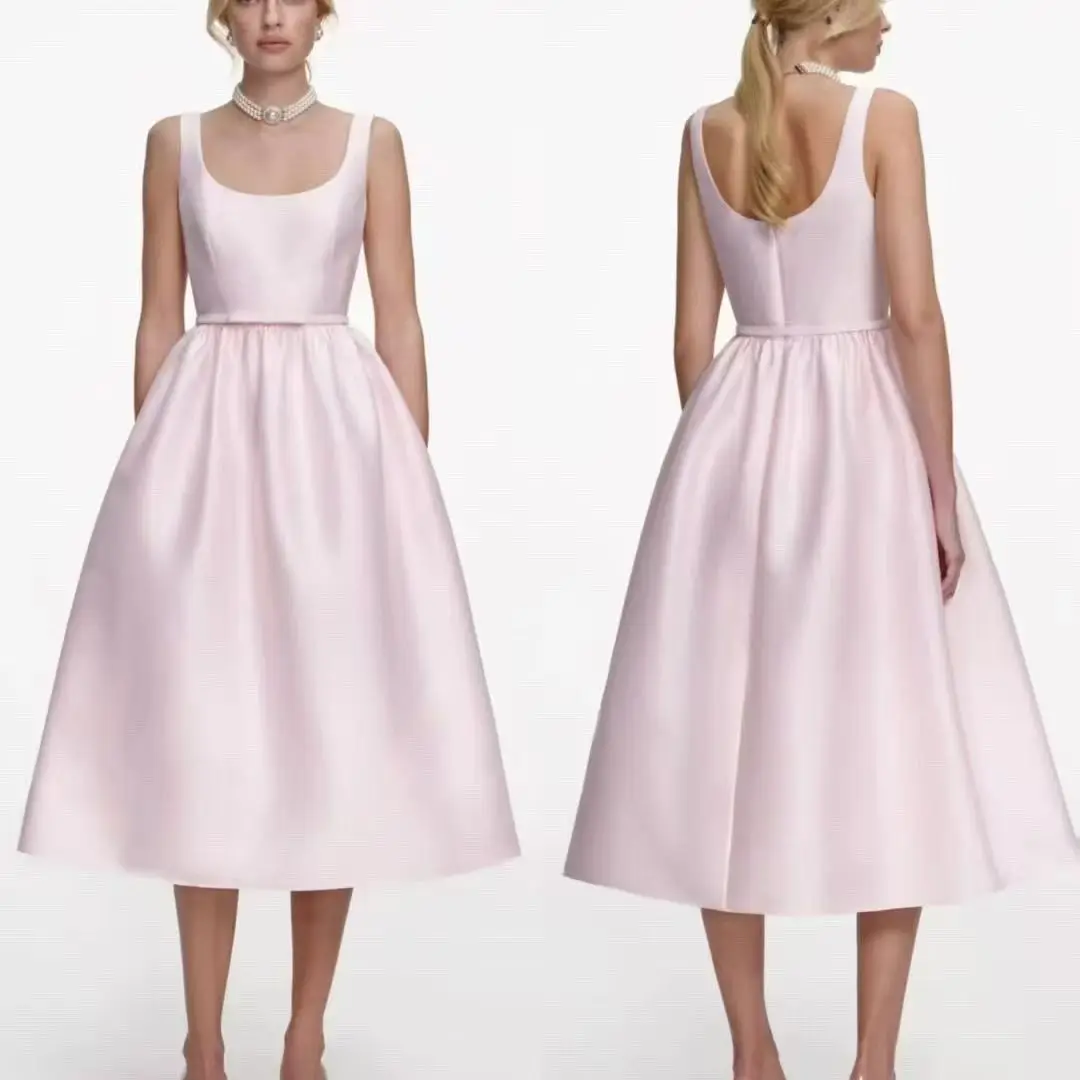 Dames roze taft mouwloze jurk temperament midi vestjurk