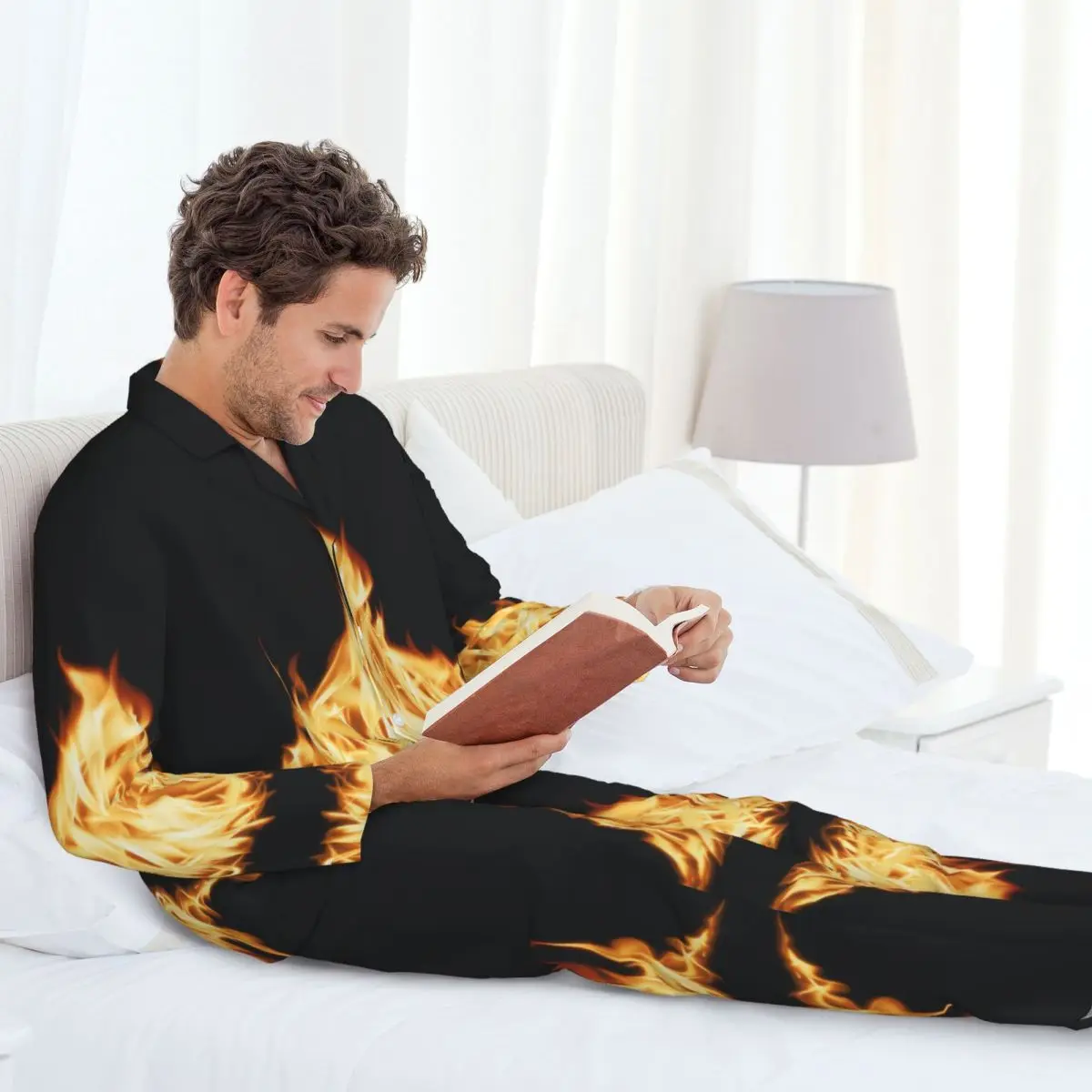 Conjunto de pijamas para hombre de otoño invierno de manga larga hoguera quema fuego ropa de casa ropa de dormir 2 unids/set