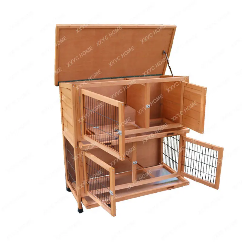 Wood Rabbit Cage Nest Hamster Cage Coop Chicken House Rainproof and Sun Protection Outdoor Cat Cage Double Layer Rabbit Cage