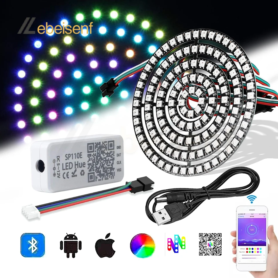 Full Set LED Pixel Ring USB 5V to DC Wire + WS2812B 8 16 24 35 45 LEDs Individul AddressabIe ModuIe SP110E Bluetooth Controller