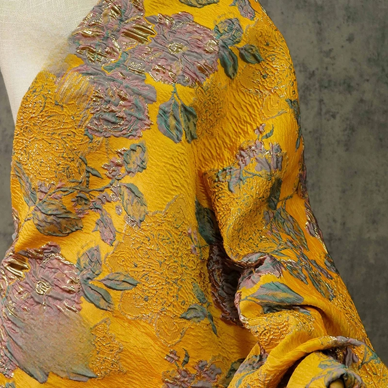 Retro Purple Orange Color Blocked Jacquard Fabric Floral 3D Embossed Color Woven Silk Gold Threaded Waistcoat Clothing Fabrics