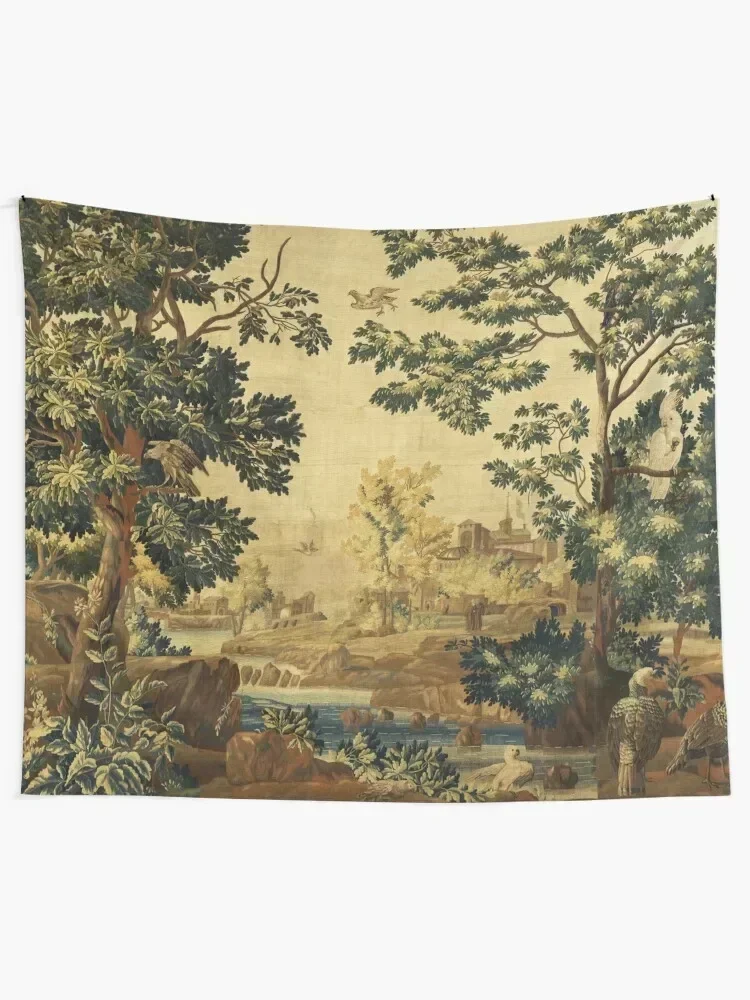 Wood Landscape with Birds,Trees and River, Antique Flemish Tapestry Room Aesthetic Room Decor Korean Style Tapestry