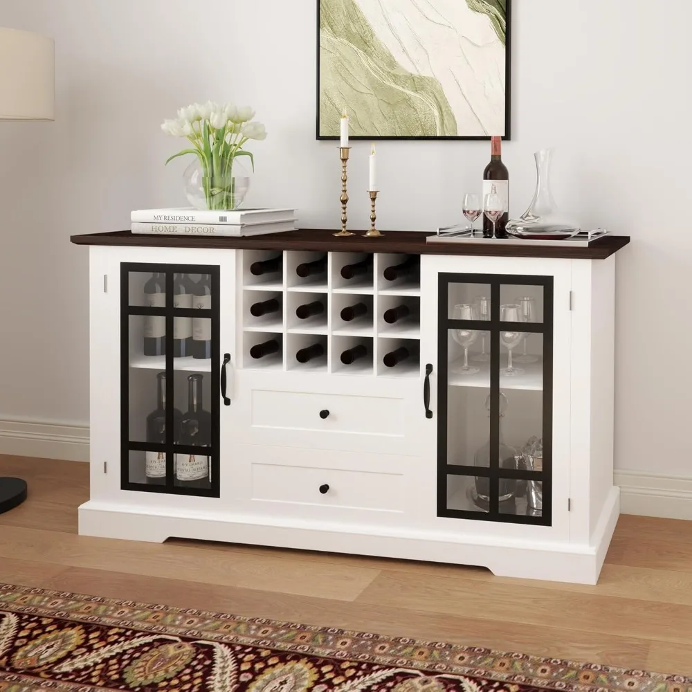 Farmhouse Buffet Cabinet with Storage, Large 59'' Sideboard Wine Coffee Bar Cabinet with 2 Glass Doors, Removable Wine Rack, Bu