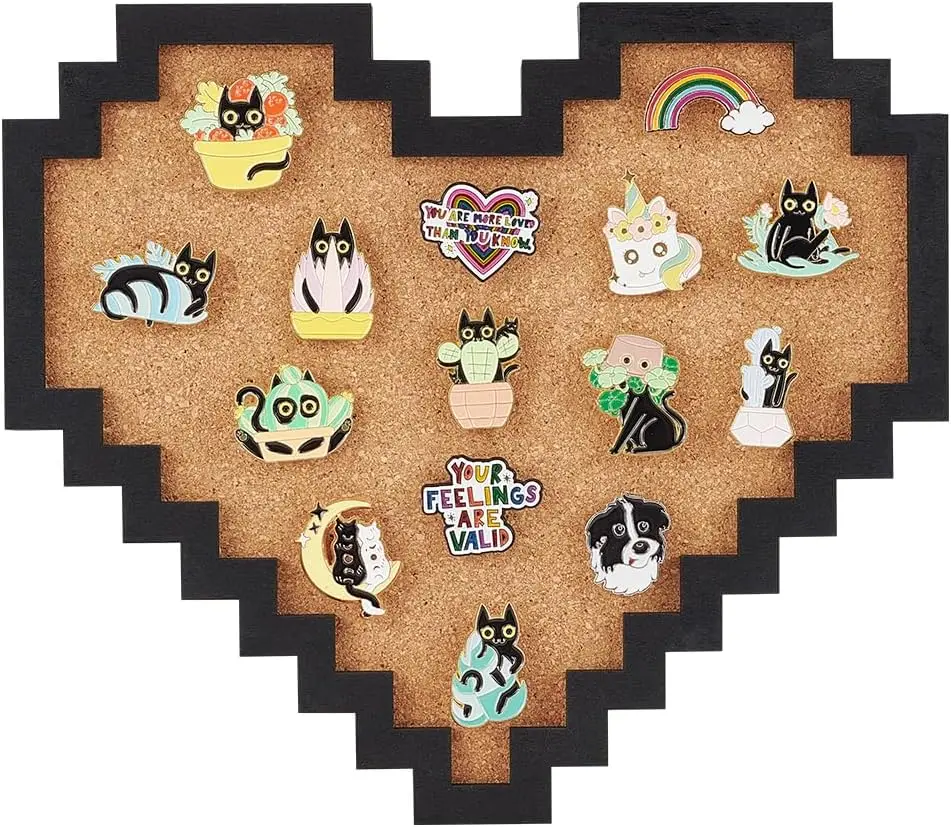 Pin Board Pixel Heart Cork Board, 0.8inch Thick Wall Mounted Cork Board Bulletin Display Board for Brooch Pin Storage,