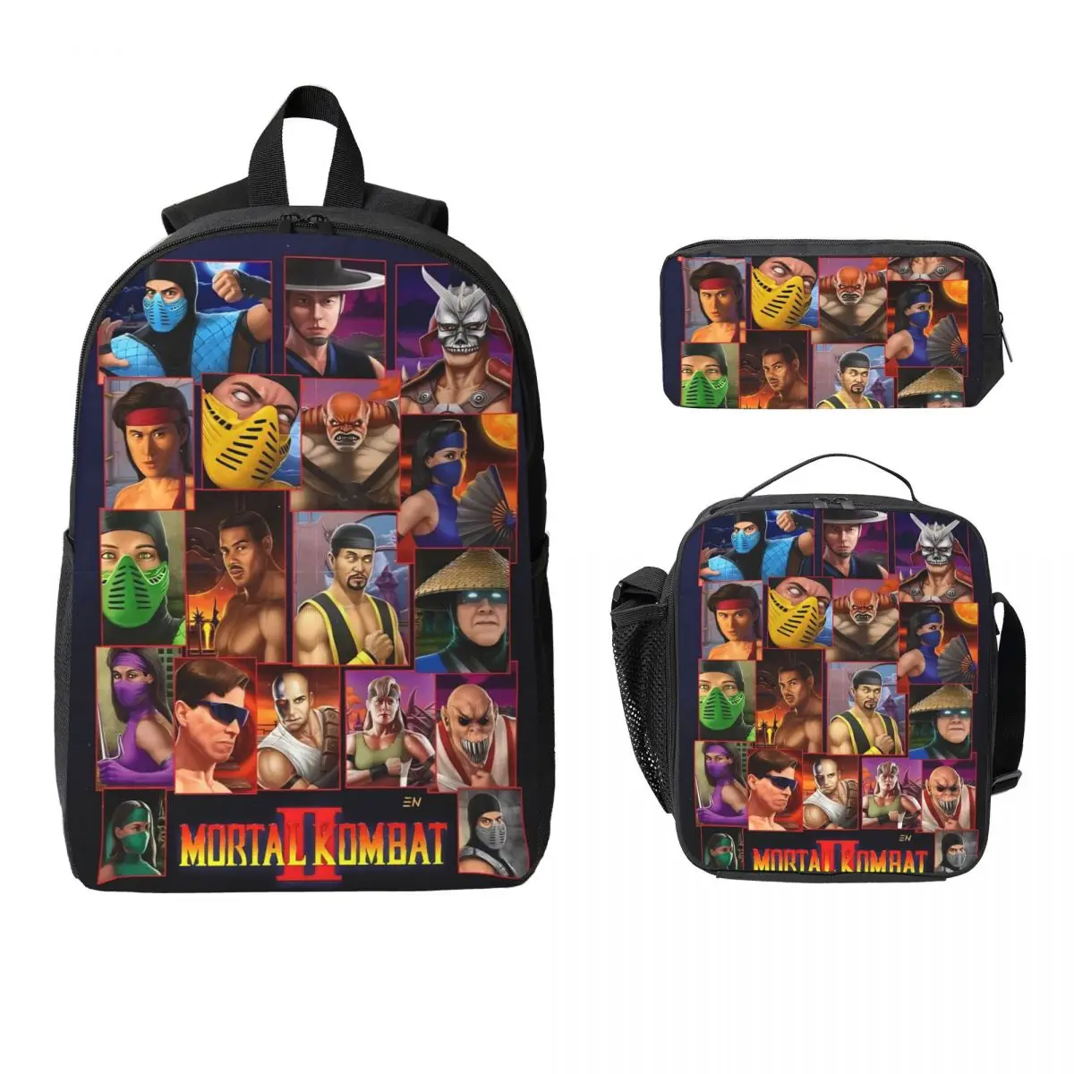 3Pcs Mortal Kombat II Accessories Backpack Set for Kids Pen Bags Bookbag Sets with Lunch Box For School Students Daypack