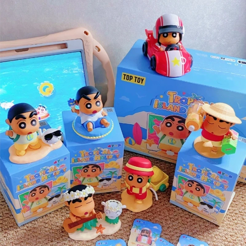 New Genuine Crayon Shin Chan Tropical Island Holiday Series Blind Box Kawaii Anime Figure Desktop Ornament Mystery Box Fans Gift