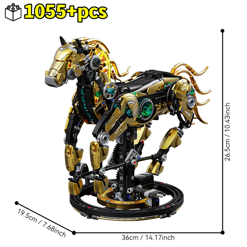 STEM Creative Golden Machinery Horse Building Blocks Animal Movable Models with Light Stands Kid Assembly Toys Birthday Gift