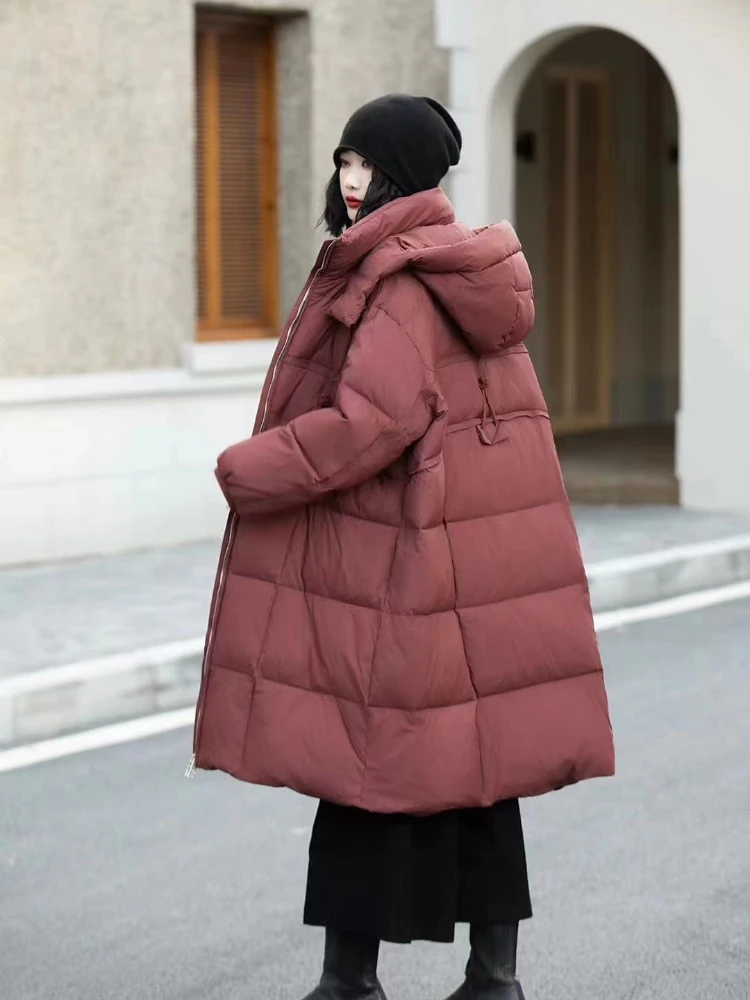 Women's Winter Jacket Hooded Down Coats Simple Casual High-end Puffer Coats Windproof Thick Loose Warm Mid-length Down Parker