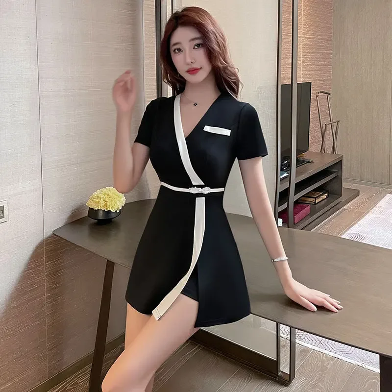 

Foot Bath Working Clothes for Femail Spa Technician Workwear Beautician Massage Sauna Uniform Black Dress Set Contains Shorts