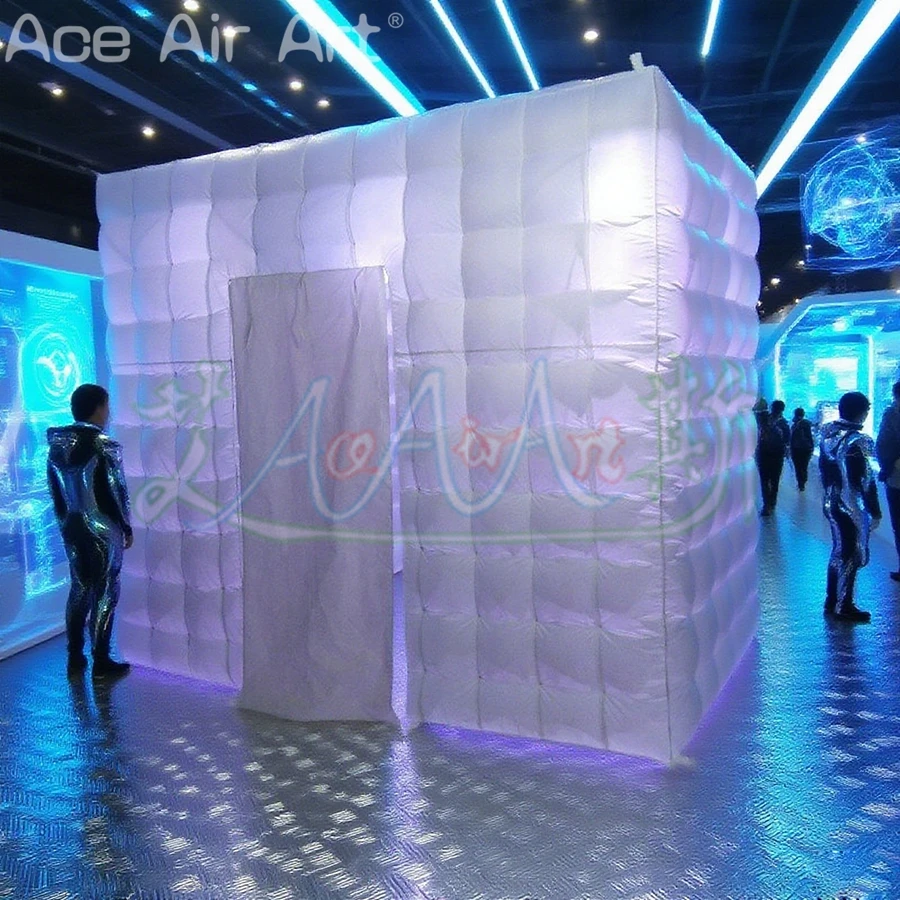Envío Gratis tienda cúbica LED inflable cabina de fotos más grande tienda de cubos de comercio con focos y cubierta de puerta de palo