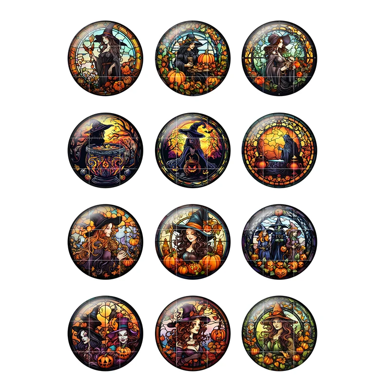 24pcs/lot Halloween Witch Art Patterns 8mm/12mm/18mm/25mm Round Photo Glass Cabochon Demo Flat Back Making Findings H314
