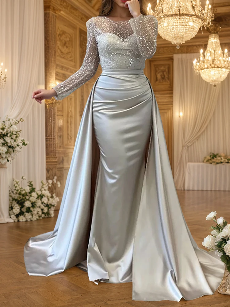 Glamoureuze avondjurk met pailletten voor dames, ronde hals, goud, lange mouwen, ruches, gelaagde bodycon, formele galajurk, maxi-jurken voor bruiloften