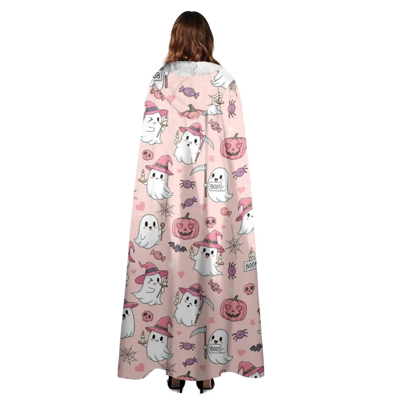 Pink Ghost Witch Halloween Hooded Cloak for Adults, Full Print Casual Costume Cape
