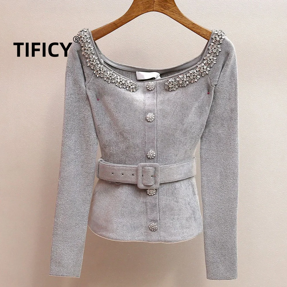 High Street Tshirts Women's Autumn New French Heavy Industry Diamond Studded One Collar Waist Cinched Short Knitted T-shirt Top