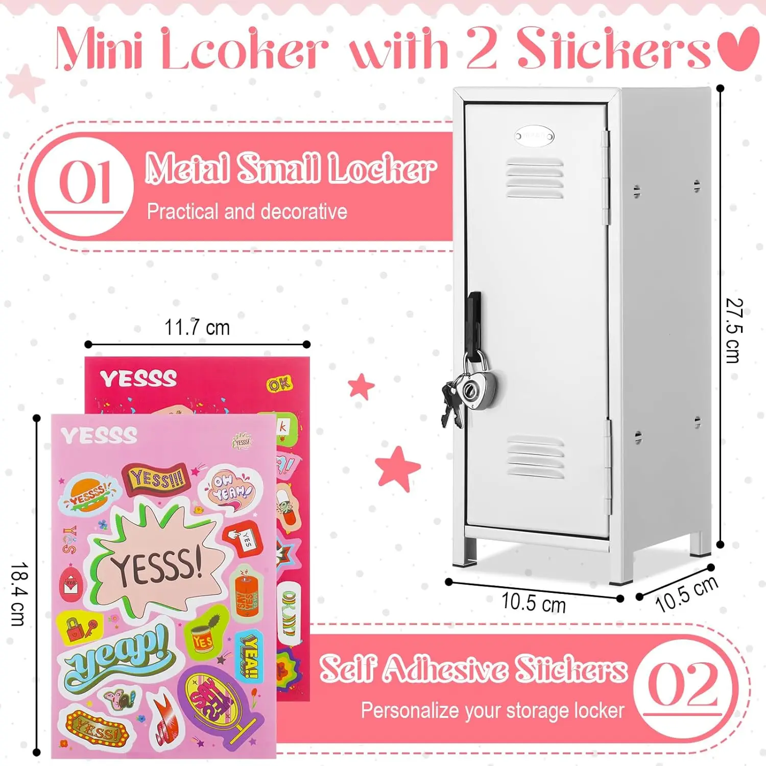 White Mini Metal Locker with Lock, Keys, and Stickers for Desktop Storage - 10.8 Inch Small Safe