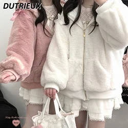 Japanese Original Plush Rabbit Ear Hooded Jacket Autumn and Winter New Bow Lace-up Zipper Mine Solid Color Sweet Girls Coat