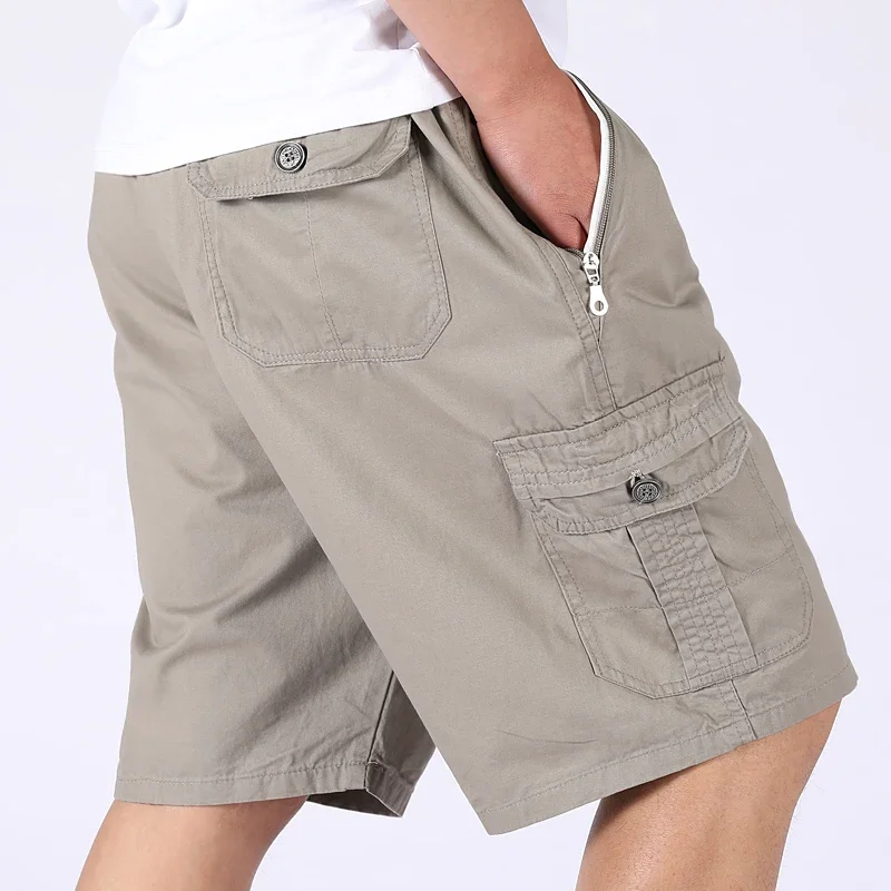 

New Men's Zipper Pocket Cotton Cargo Shorts Summer Streetwear Casual Cotton Workwear Shorts Breathable Fitness Knee Length Pants