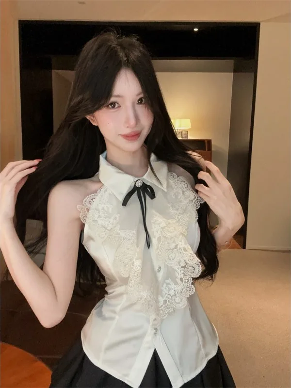 

Retro Court Style Lace Trim Sleeveless Shirt Top Slimming Cake Skirt Set Summer Women's Fashion Ensemble Short Sleeve Turn-do...