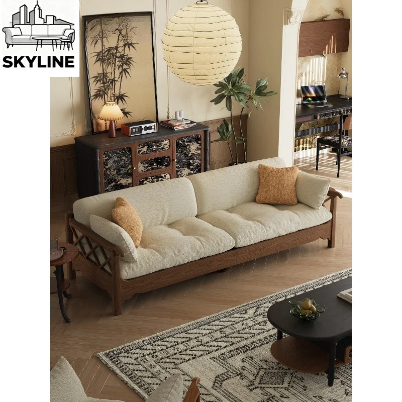 Song Style Vintage Solid Wood Frame Fabric Sofa, Removable Washable 1+2+3 Seater Straight Combination Sofa for Living Room
