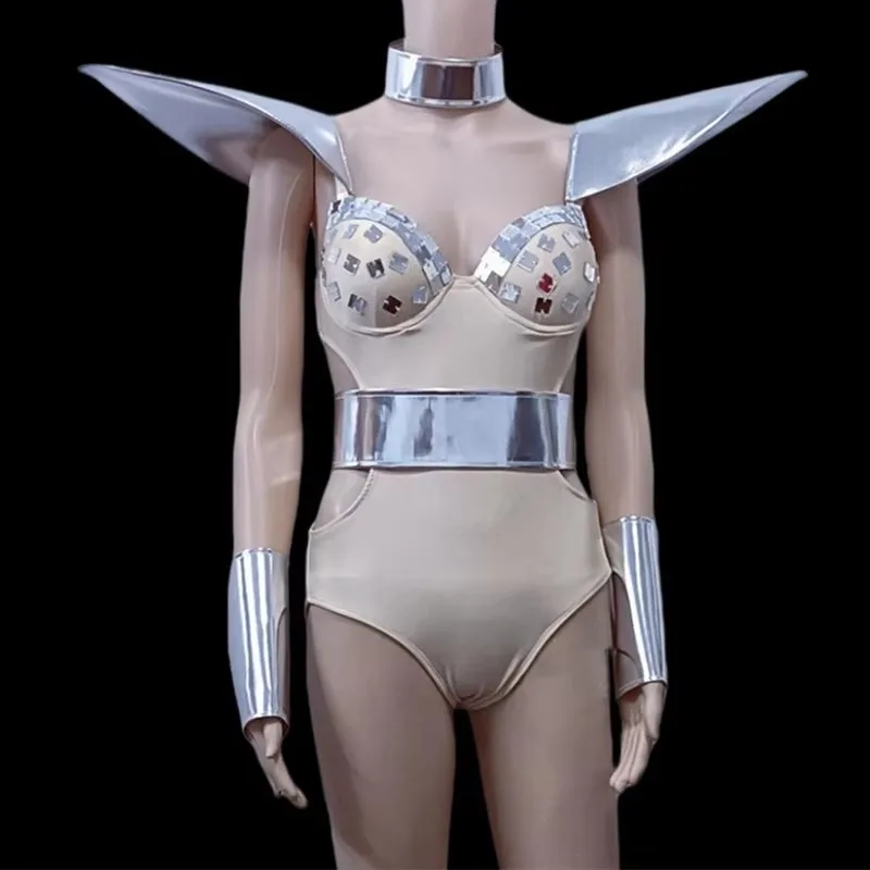 

Женский сексуальный серебряный телесный зеркальный боди с открытыми плечами, сценический купальник для ночного клуба, бара, DJ Gogo, танцовщицы, вечерние шоу, стоимость