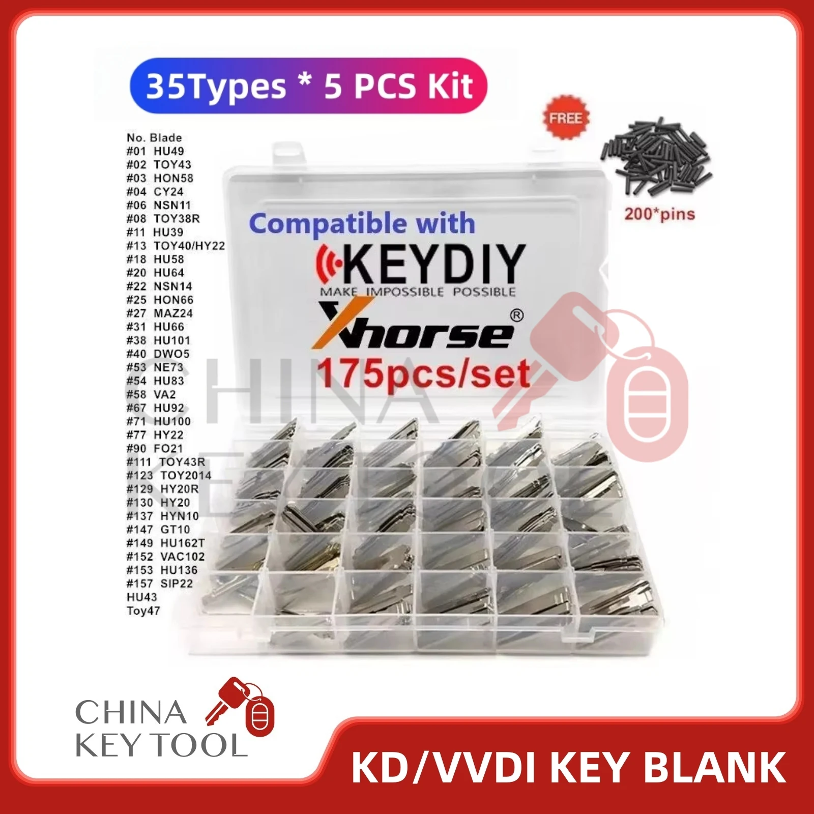 175pcs Car key Blank suitable for Keydiy XHorse Remote Key Blades with 200pins
