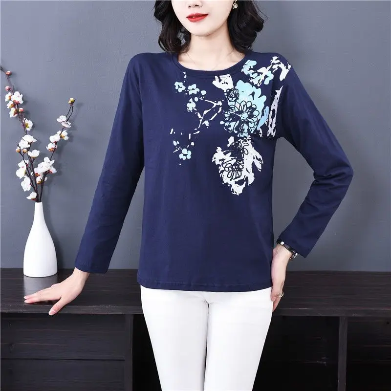 Spring Autumn New Fashion Pure Cotton T-Shirts Women\'s Clothing Printing Round Neck Long Sleeve Tees Loose Simplicity Thin Tops