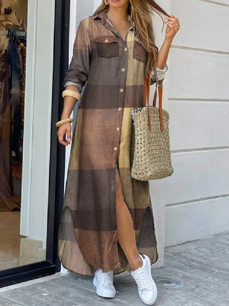 Jesień Eleganckie Sukienki Damskie Maxi Shirt 2023 ZANZEA Vintage Ladies Long Sleeve Vestidos Casual Plaid Robe Longue