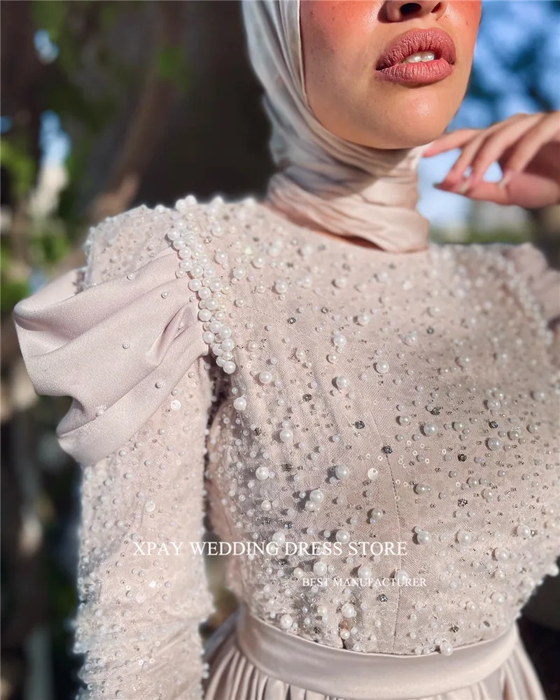 XPAY Modest Dubai Arabic Women Muslim Evening Dresses Pearls Long Sleeves O-Neck Satin Formal Occasion Prom Gowns Plus Size